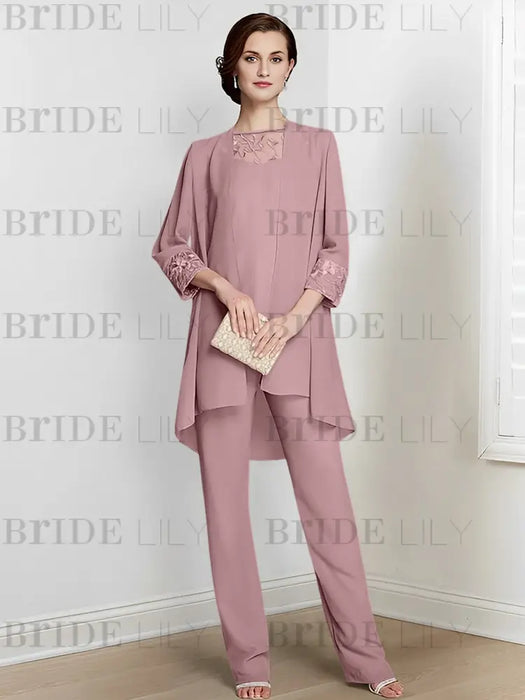 Mauve chiffon three piece mother of the bride pantsuit with long jacket