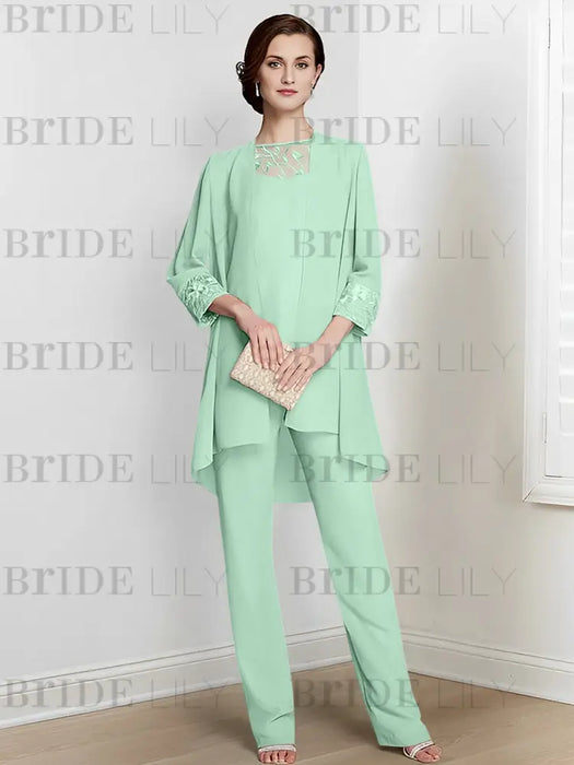 Mint Green chiffon three piece mother of the bride pantsuit with long jacket