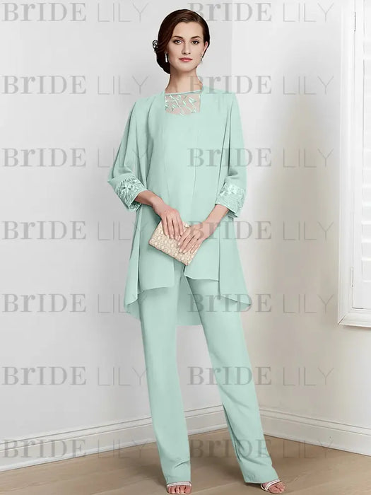 Mist Blue chiffon three piece mother of the bride pantsuit with long jacket