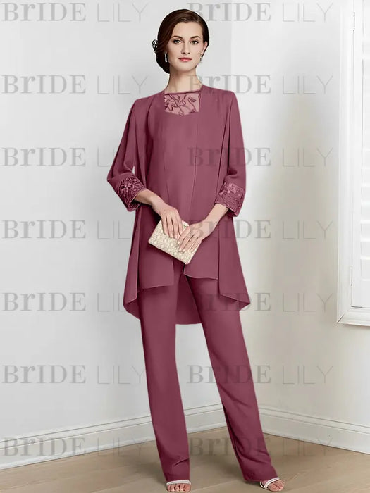 Mulberry chiffon three piece mother of the bride pantsuit with long jacket