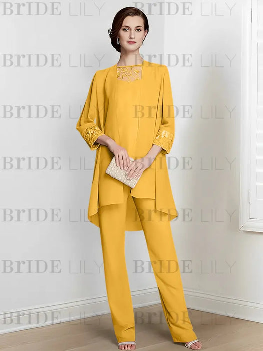 Mustard Yellow chiffon three piece mother of the bride pantsuit with long jacket