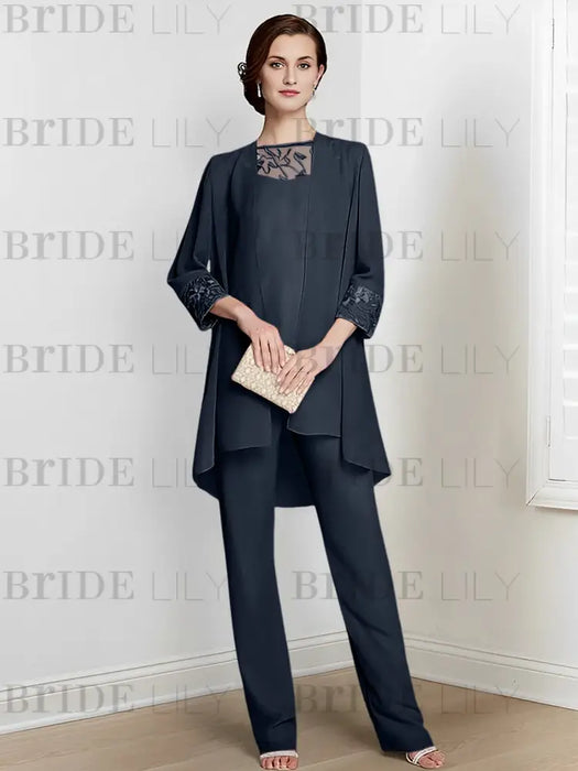 Navy Blue chiffon three piece mother of the bride pantsuit with long jacket