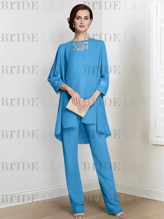 Ocean Blue chiffon three piece mother of the bride pantsuit with long jacket