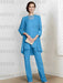 Ocean Blue chiffon three piece mother of the bride pantsuit with long jacket