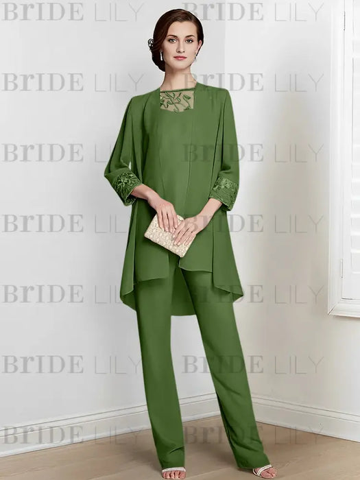 Olive Green chiffon three piece mother of the bride pantsuit with long jacket