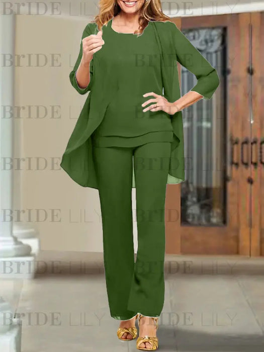 Olive Green chiffon three piece mother of the bride pantsuit with open jacket