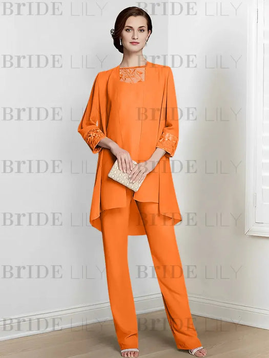 Orange chiffon three piece mother of the bride pantsuit with long jacket
