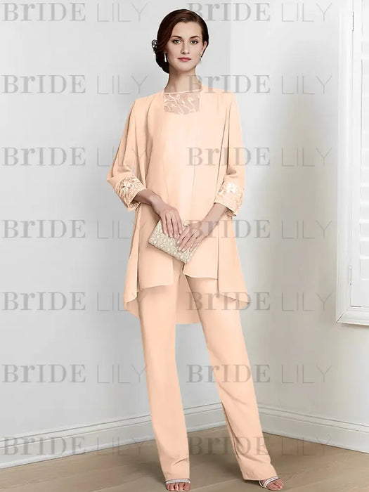 Peach Pink chiffon three piece mother of the bride pantsuit with long jacket