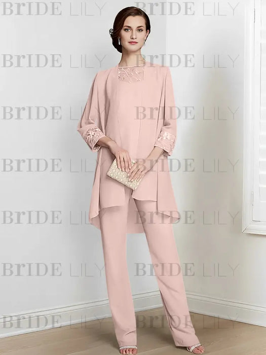Pearl Pink chiffon three piece mother of the bride pantsuit with long jacket