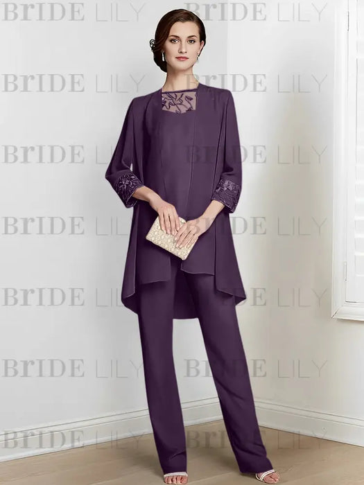 Plum chiffon three piece mother of the bride pantsuit with long jacket