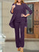 Plum chiffon three piece mother of the bride pantsuit with open jacket