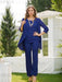 Royal blue chiffon three piece pantsuit worn in a garden