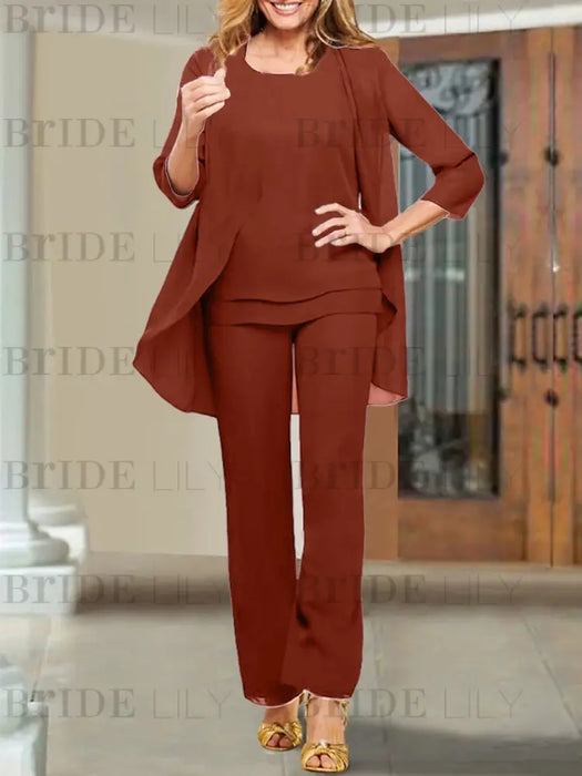 Rust chiffon three piece mother of the bride pantsuit with open jacket