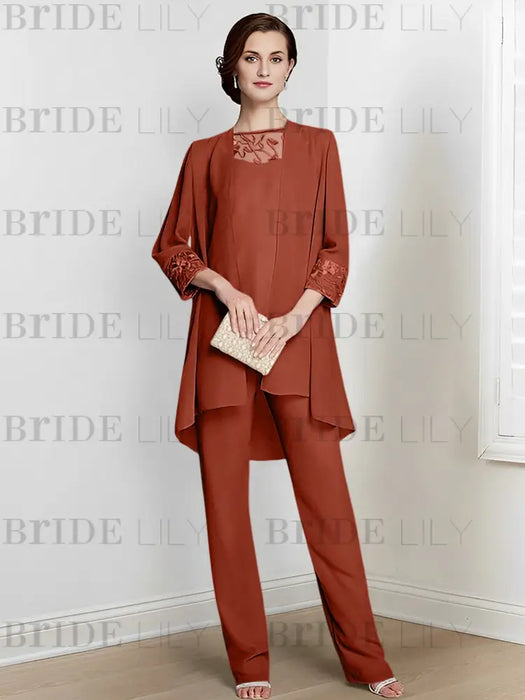 Chiffon three piece pantsuit with an embroidered yoke in rust orange