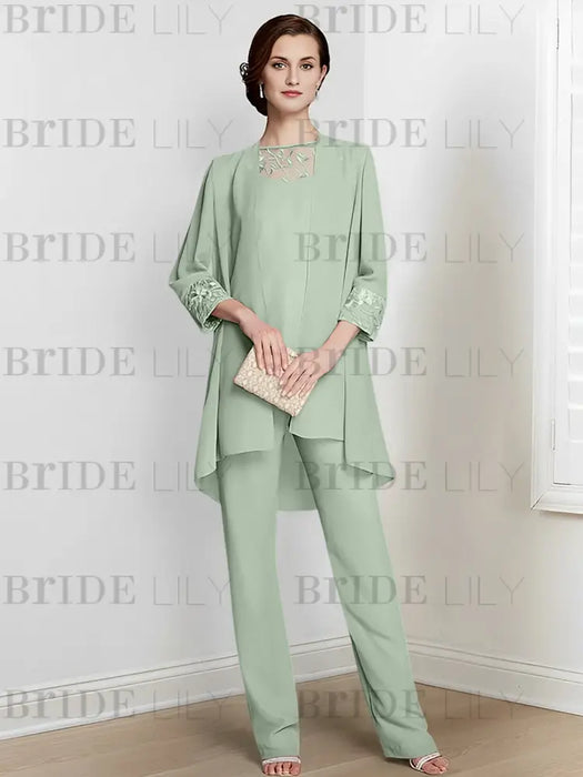 Sage chiffon three piece mother of the bride pantsuit with long jacket