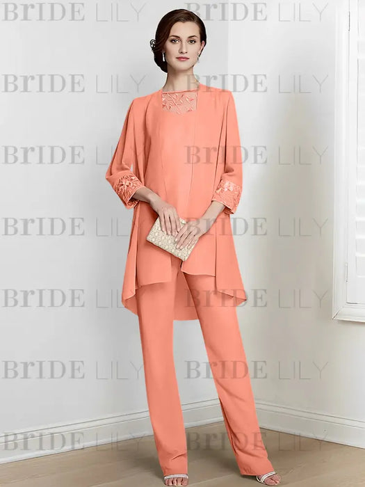 Salmon chiffon three piece mother of the bride pantsuit with long jacket