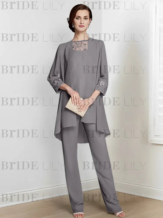 Silver Gray chiffon three piece mother of the bride pantsuit with long jacket