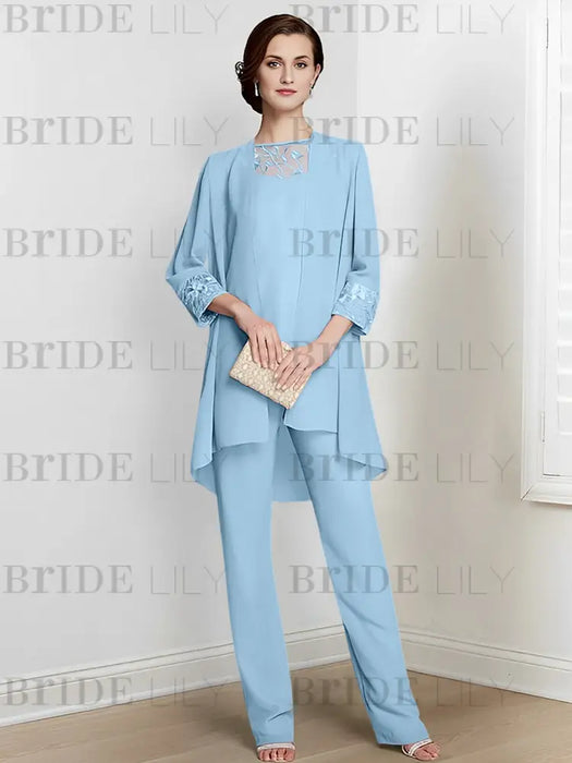 Sky Blue chiffon three piece mother of the bride pantsuit with long jacket