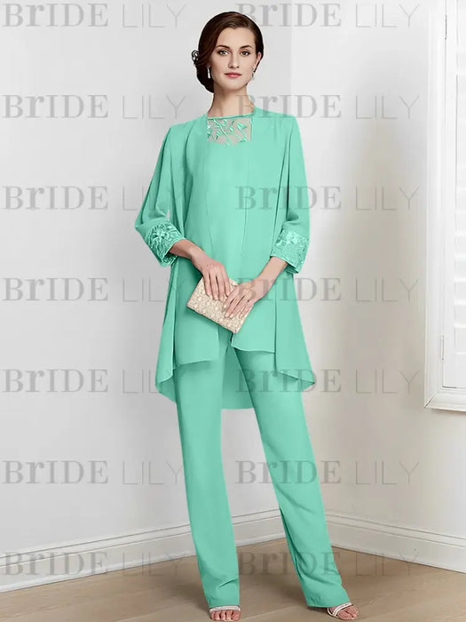 Spa chiffon three piece mother of the bride pantsuit with long jacket