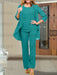 Chiffon three piece pantsuit with an open jacket in teal green