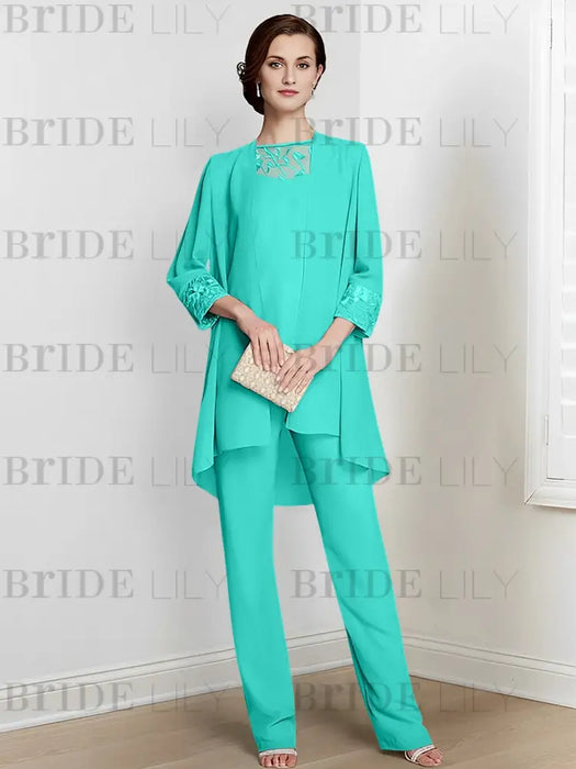 Turquoise chiffon three piece mother of the bride pantsuit with long jacket