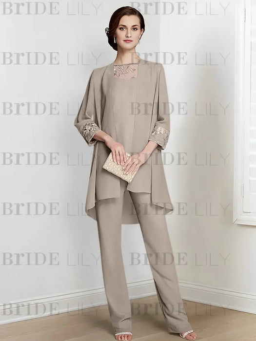 Chiffon three piece pantsuit with an embroidered yoke in warm taupe