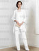 White chiffon three piece mother of the bride pantsuit with long jacket