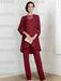 Wine Red chiffon three piece mother of the bride pantsuit with long jacket