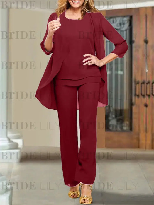 Wine Red chiffon three piece mother of the bride pantsuit with open jacket