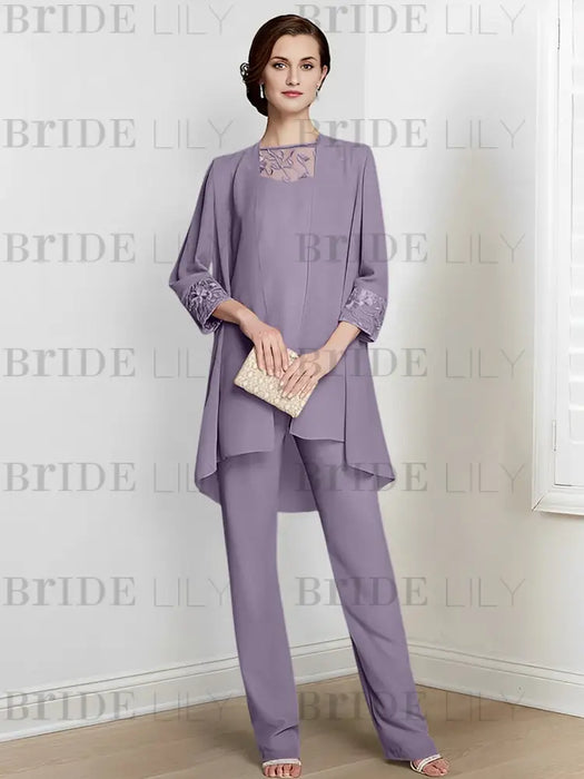 Wisteria chiffon three piece mother of the bride pantsuit with long jacket