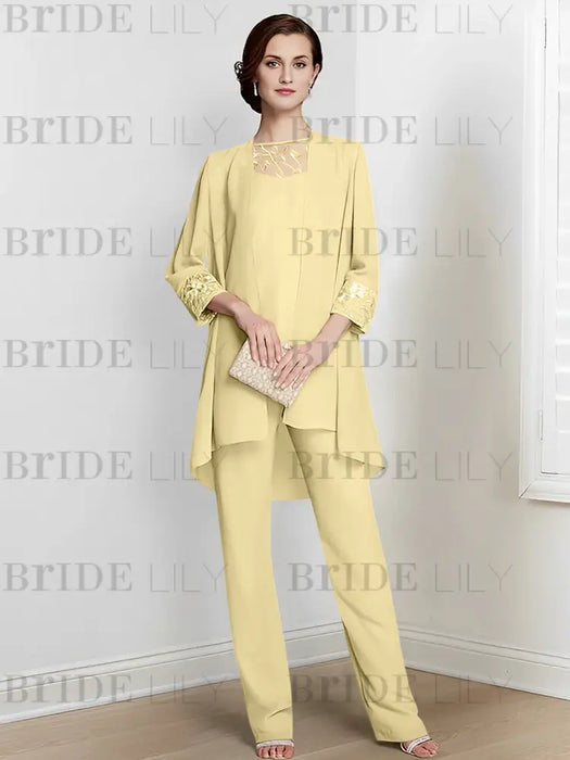 Yellow chiffon three piece mother of the bride pantsuit with long jacket
