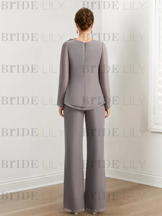 Back view of grey chiffon pantsuit with concealed zip and wide-leg trousers