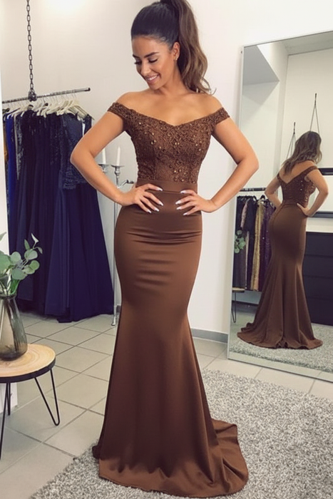 Chocolate Elegant Off-the-Shoulder Mermaid Lace Beadings Long Evening Dress - Prom Dresses