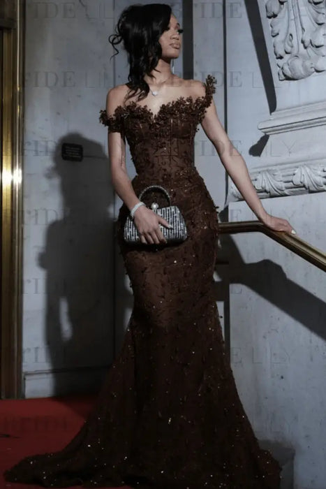 Strapless Beadings Mermaid Prom Dress Chocolate with Tassels