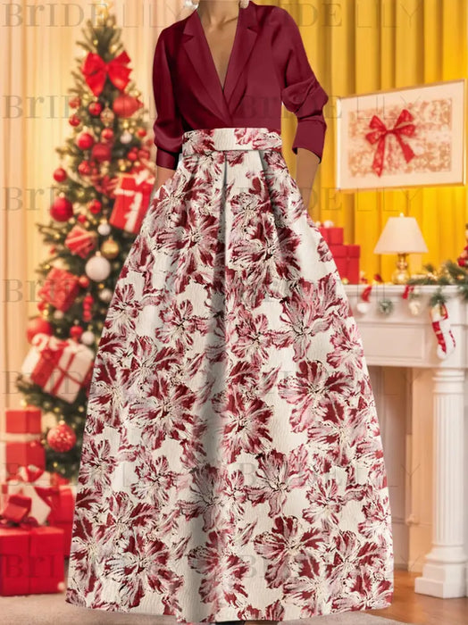 Burgundy 3/4 Sleeve Shirt Collar A-Line Mother of the Bride & Groom Dress with Printed Floral