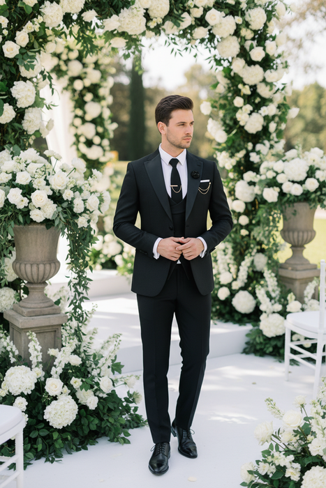 Classic Black Shawl Lapel Three Pieces Prom Suits Garden Wedding Scene