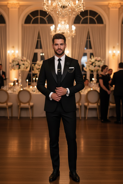 Classic Black Shawl Lapel Three Pieces Prom Suits Wedding Reception Scene