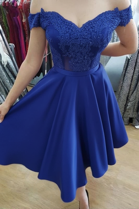 Cobalt Blue A Line Off the Shoulder Knee Length Homecoming Dresses with Appliques - Prom Dresses