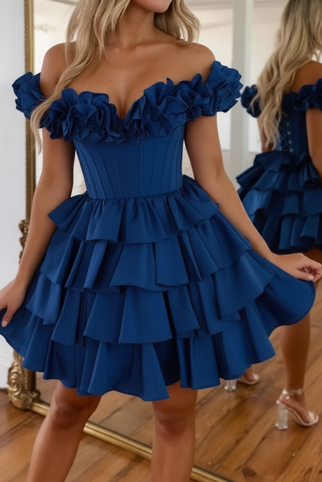 Cobalt Blue Off-the-Shoulder Satin Corset Graduation Dress Short Cocktail Dress