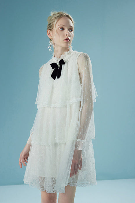 Collar see-through Mesh Vintage Romantic French Lace Party Dress - Dresses