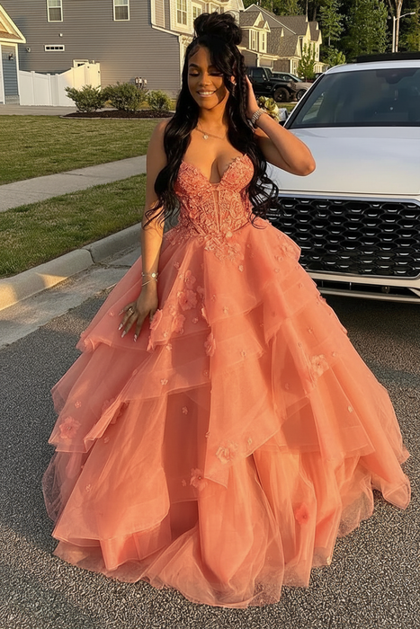 Spaghetti Straps Tulle A-Line Prom Dress Floral Ruffles Corset Gown -Bridelily Spaghetti Straps Tulle A-Line Prom Dress Floral Ruffles Corset Gown -Bridelily