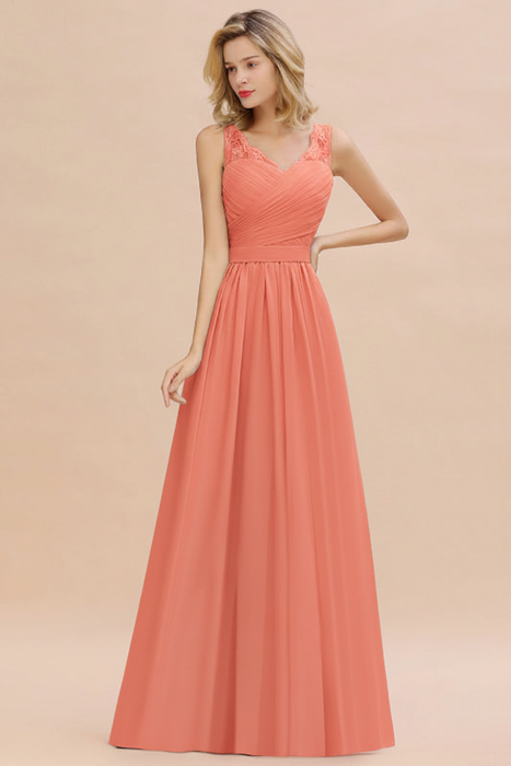 Coral Modest Floral Lace A-line Bridesmaid Dress V-Neck Floor Length Chiffon Wedding Guest Dress 