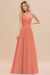 Coral Modest Floral Lace A-line Bridesmaid Dress V-Neck Floor Length Chiffon Wedding Guest Dress 