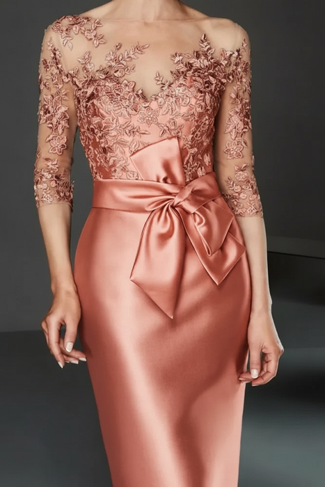 Coral Bateau 3/4 Long Sleeves Satin Mother of the Bride Dresses with Lace - Prom Dresses