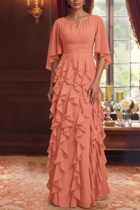 Coral Chiffon Mother of the Bride Dress Flutter Sleeves with Cascading Ruffles