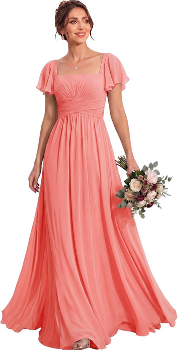 Bridelily Women's Flutter Sleeves Bridesmaid Dresses Square Neck Chiffon Maxi Dres - Coral