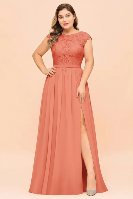 Plus Size Bridesmaid Dress Lace with Split Cap Sleeves Chiffon Wedding Guest Dress