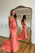 Coral Prom Dress with Wide Shoulder V Neck Long Mermaid with Bead Embellishments - Prom Dresses