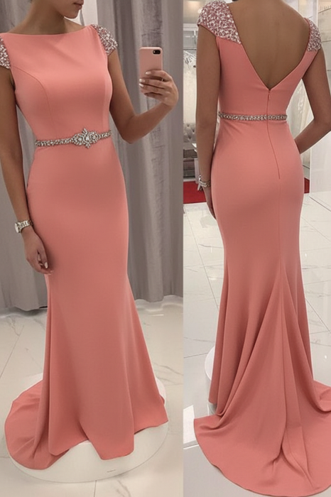 Coral Sequined Fitted Cap Sleeve Mermaid Prom Dress Formal Gown - Prom Dresses