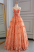 Coral Sheer Neck Tulle Lace Prom Dresses Aline with Appliques